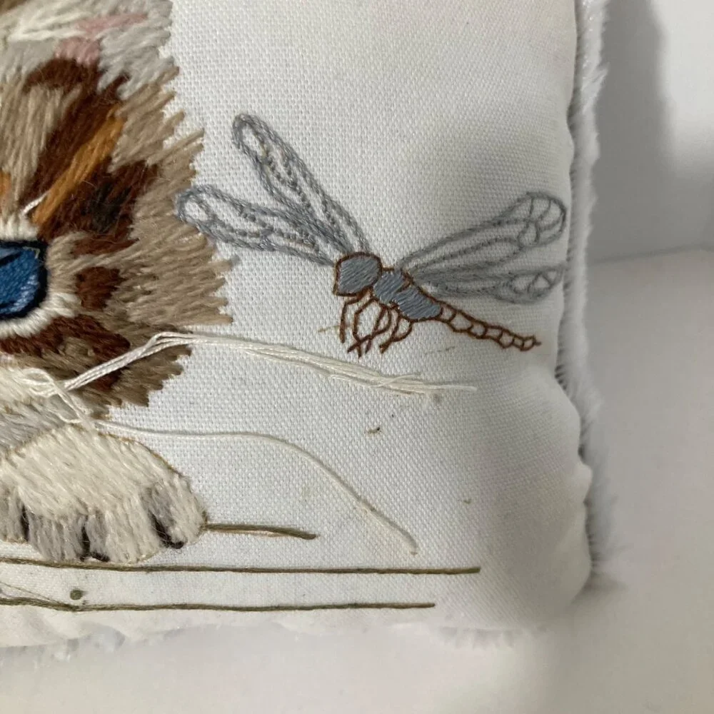 Handmade Crewel Embroidered Kitty Dragonfly Pillow Faux Fur Backing 10 x 6 x 4